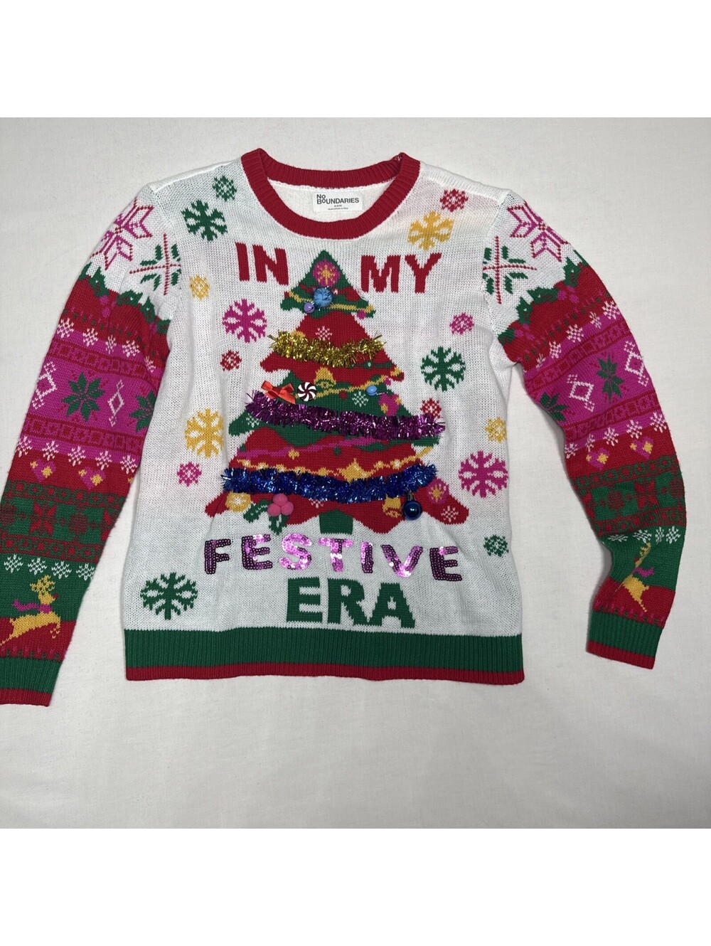 No Boundaries Christmas Sweater Womens M White In My Festive Era Sequin Tinsel